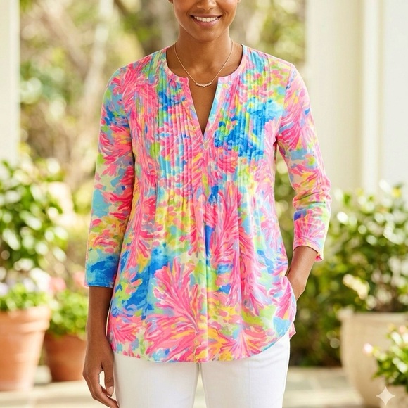 Lilly Pulitzer Tops - Lilly Pulitzer Women's Daylen Tunic Small Multi Palm Beach Coral Blouse Floral
